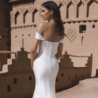 Structured 2026 Blue by Enzoani Mikado, fitted, off Shoulder Wedding Dress
