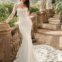 Enzoani Waverly wedding dress featuring a fitted mermaid silhouette, illusion lace bodice, high neckline, long lace sleeves, and dramatic lace train. Luxury designer bridal gown by Enzoani for modern brides seeking elegant, romantic, couture wedding dresse