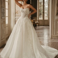 Enzoani West wedding dress. A luxury strapless bridal ball gown featuring an intricately detailed, semi-sheer sculpted corset bodice with sequinned baroque lace and delicate Chantilly lace. The full, dramatic tulle ballgown skirt cascades into a long, roma