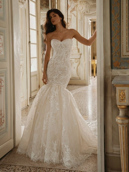 Enzoani Willa wedding dress. A luxury strapless mermaid bridal gown featuring a structured sweetheart neckline bodice adorned with intricate floral lace appliqués and subtle beadwork. The fitted silhouette hugs the hips before flaring into a dramatic lace
