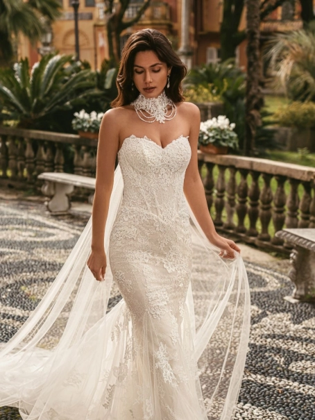 Enzoani luxury wedding dress featuring a romantic mermaid silhouette with intricate floral lace appliqué, fitted sweetheart bodice, illusion detailing and a dramatic cathedral-length tulle train. Designed for modern brides seeking a designer wedding dress
