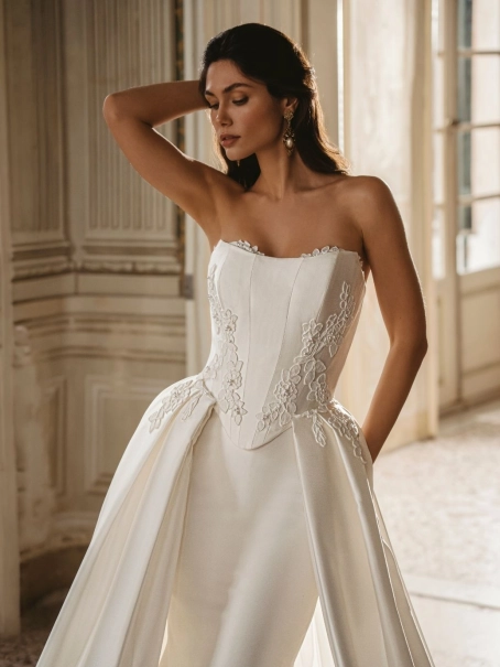 Enzoani Wilomina is a luxury designer wedding dress featuring a structured corset-inspired bodice, elegant satin construction, floral appliqué detailing and a dramatic detachable overskirt with cathedral-length train. Combining modern bridal fashion with t