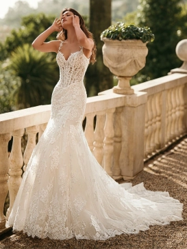 Enzoani Winslet is a luxury mermaid wedding dress featuring intricate floral lace appliqué, illusion corsetry, delicate lace shoulder straps and a softly flared lace train. Designed for brides seeking a fitted designer wedding gown that combines couture cr