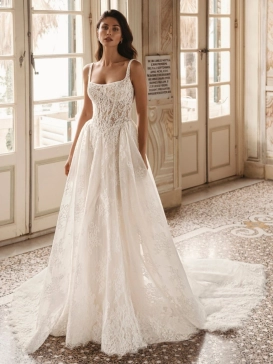 Enzoani Winslow luxury A-line wedding dress featuring floral lace embroidery, square neckline, elegant straps and a flowing cathedral train.