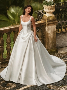 Enzoani Wisteria luxury satin ballgown wedding dress featuring a structured bodice, scoop neckline, architectural draping and dramatic cathedral train.